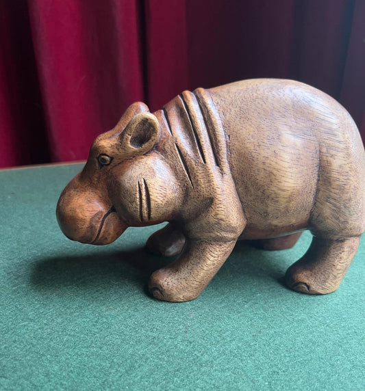 Vintage hand carved wooden hippo figurine. Treen house hippo ornament.