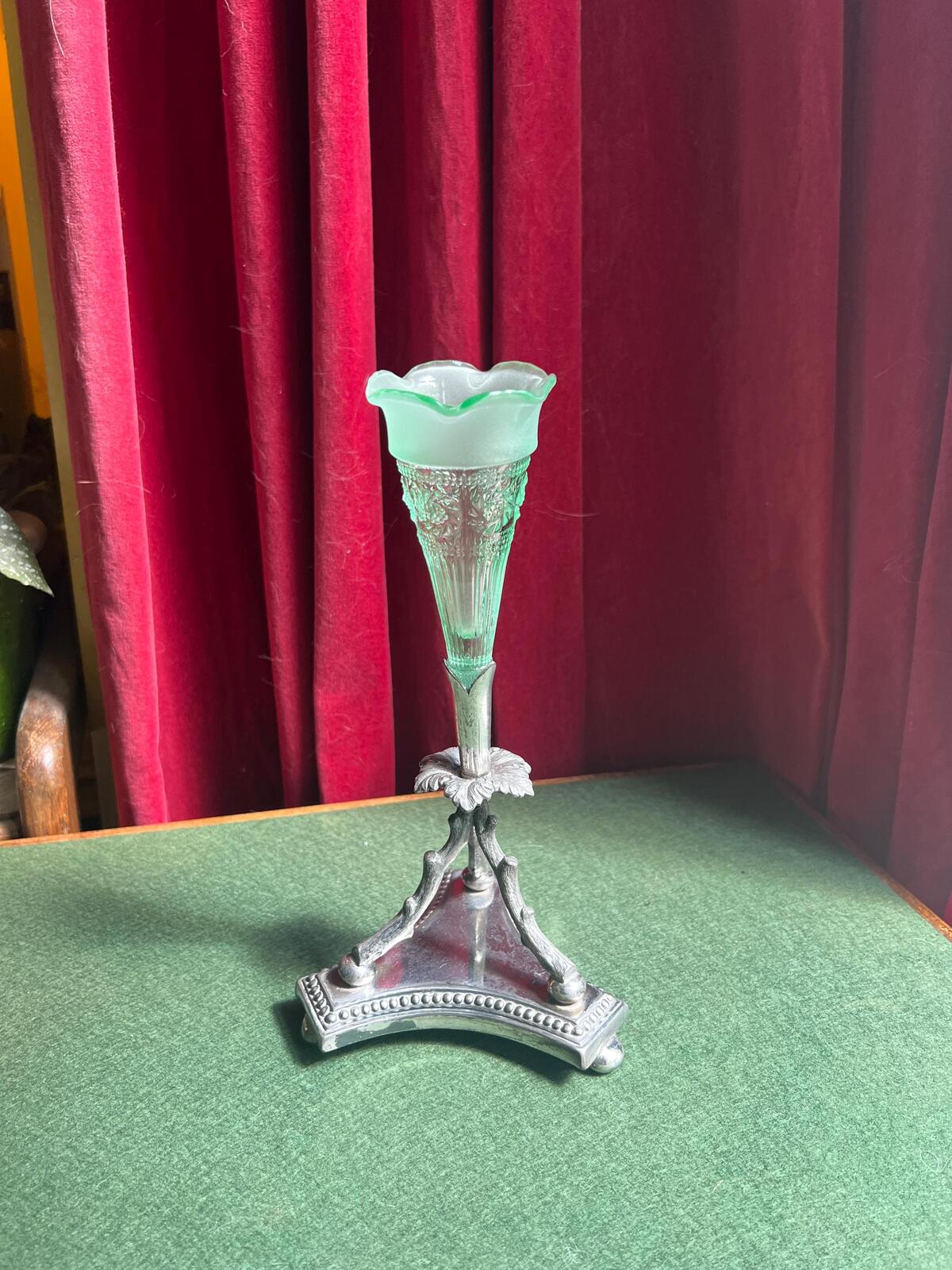 Victorian epergne vase. Green glass on decorative silver plate base. Stamped James Dixon & Sons.