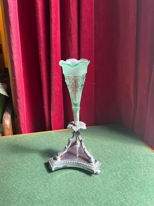 Victorian epergne vase. Green glass on decorative silver plate base. Stamped James Dixon & Sons.