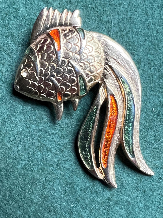 Vintage cloisonne Fish Brooch. Red and Green Enamel Scales Diamante Crystal Eye.