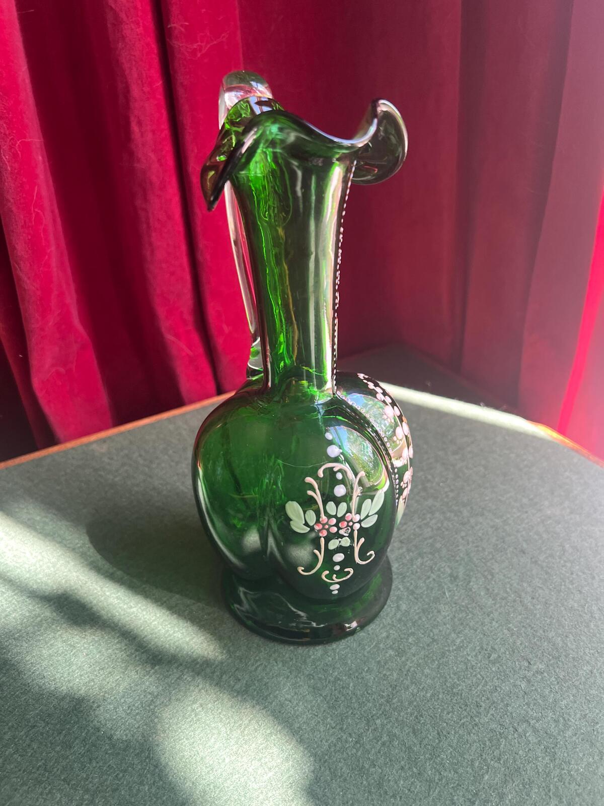 Art Deco Bohemian Green Glass Ewer Jug. Hand painted enamel and gilt floral decor. Art glass collector gift.
