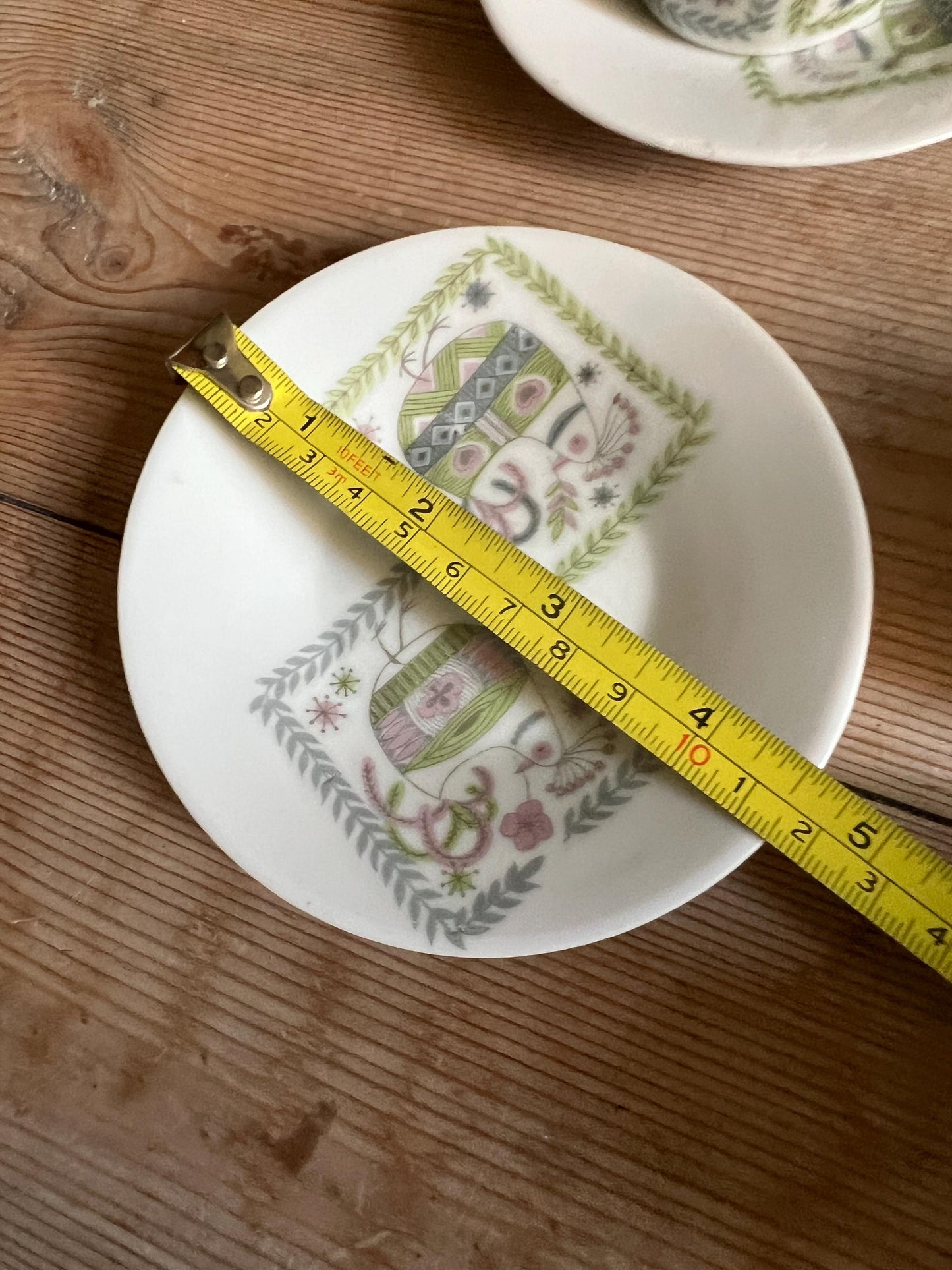 Set of 6 espresso cups saucers. Retro Pink green quirky rooster design. Marked Porzellan.