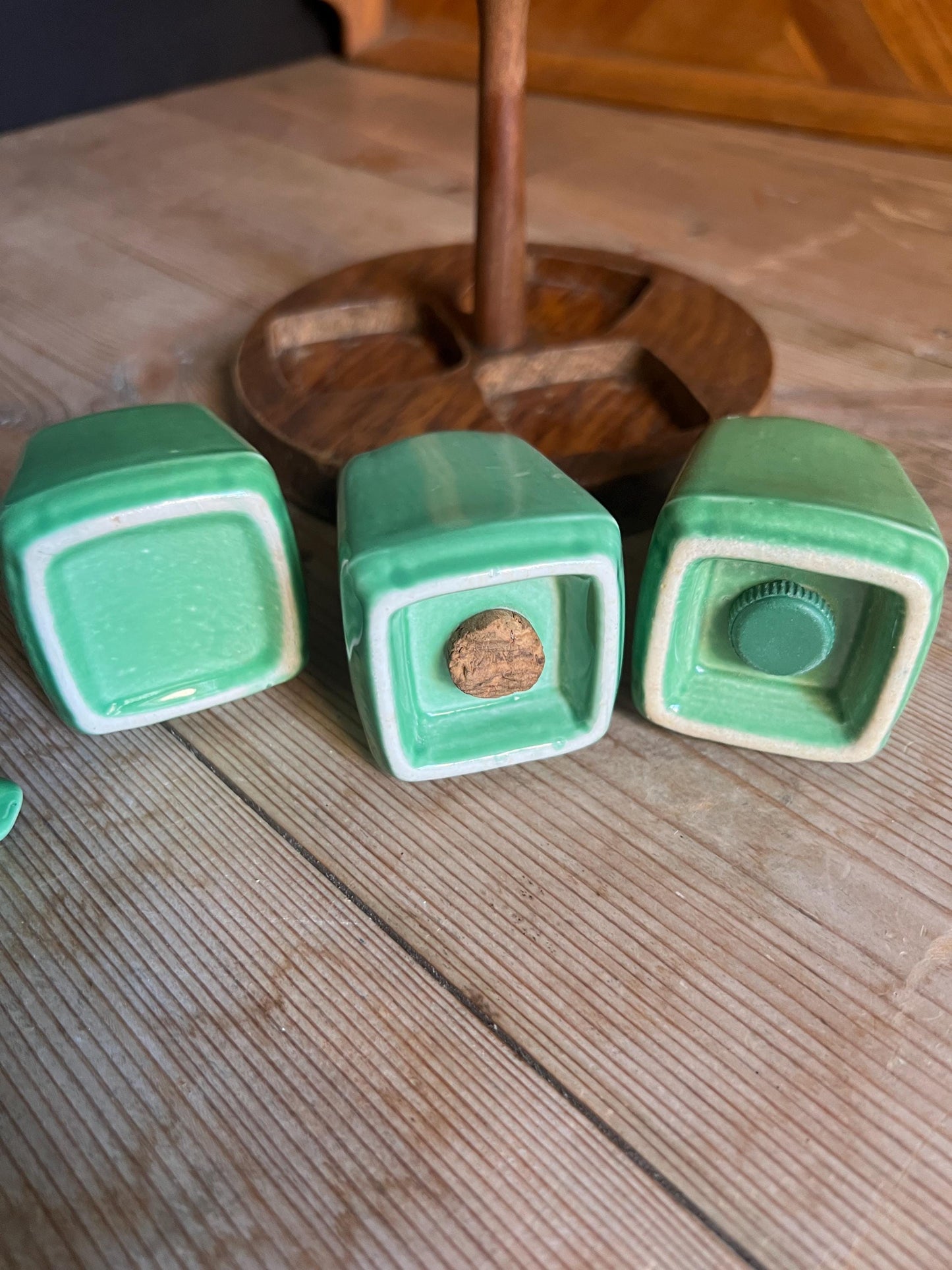 Vintage cruet set Green glaze salt pepper mustard pot on teak holder. Blackfriars Ware stamp.
