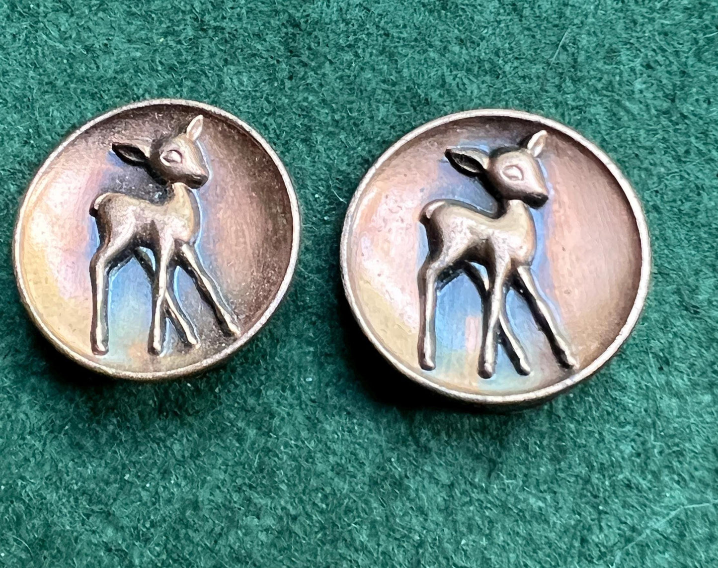 Vintage copper earrings. Clip on round deer foal earrings.