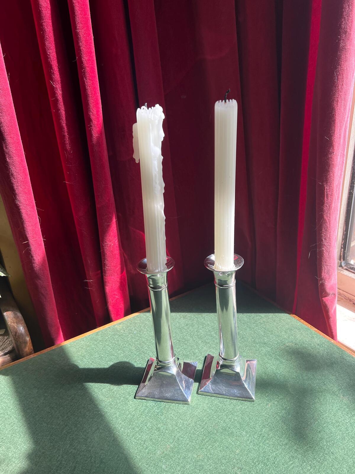 Vintage silver plate column candlestick holders. Parks of London.