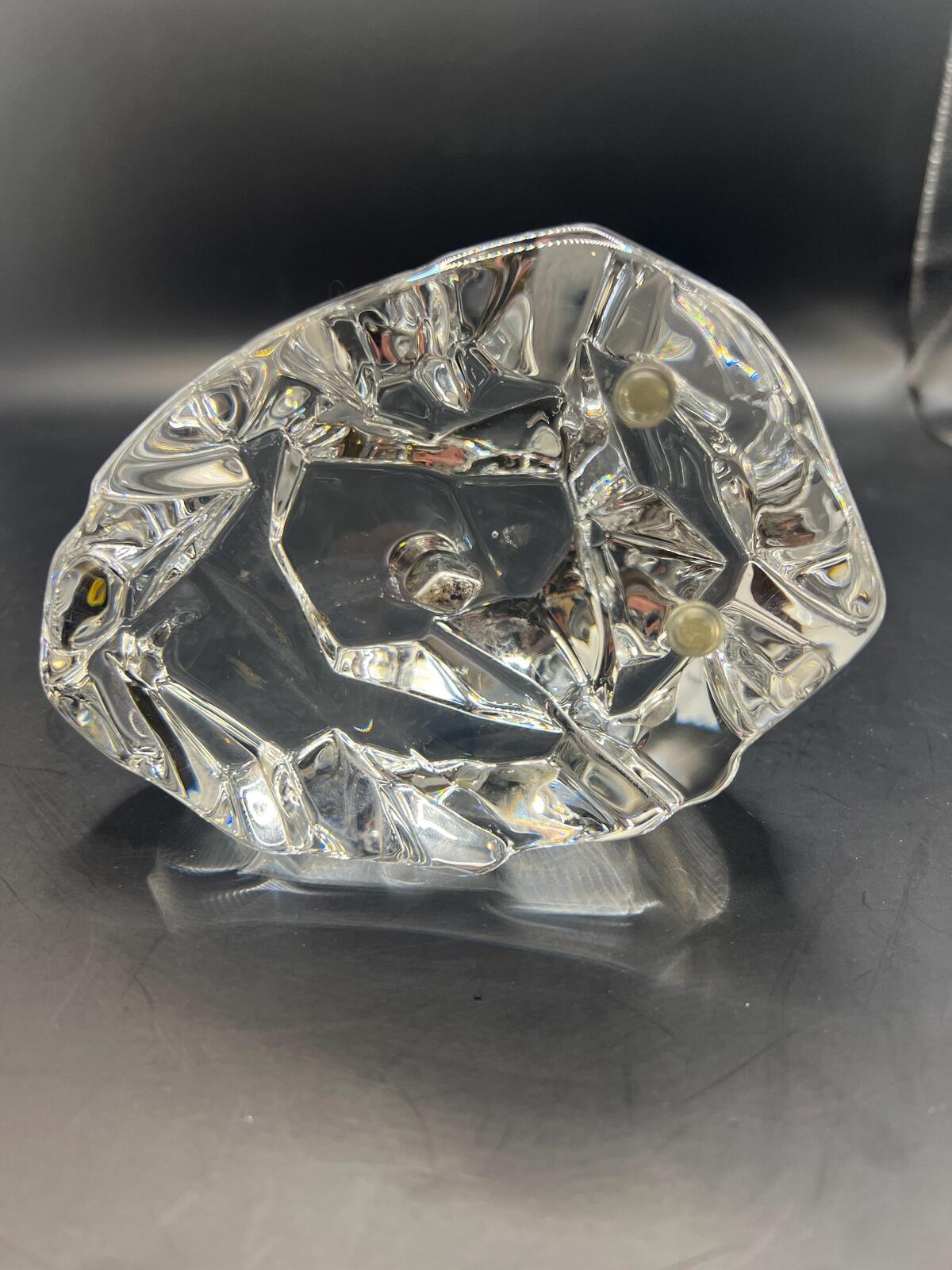 Crystal iceberg paperweight with pen bud hole. Solid clear Val St Lambert style glass sculpture.