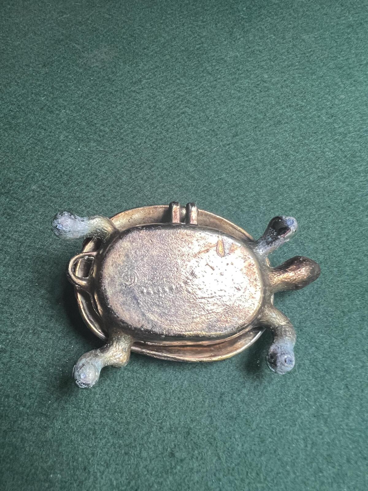 Vintage metal tortoise lidded ashtray trinket box. Quirky tobacciana collector gift.