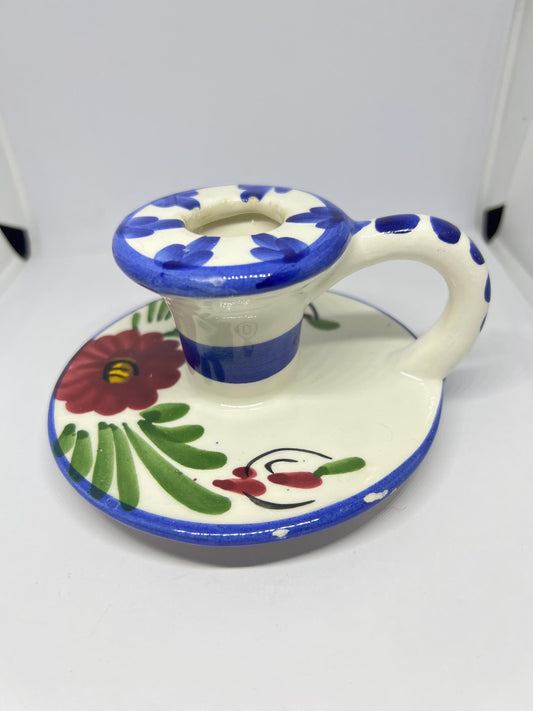 Vintage ceramic decorative candlestick holder. Hand painted floral thumb hold candle stick.