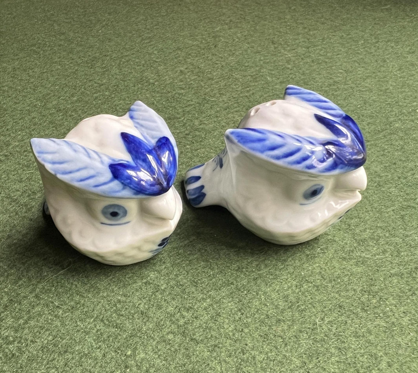 Long eared owl delft blue white salt pepper shakers.