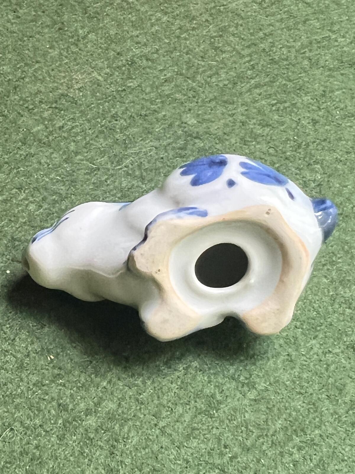 Miniature rabbit figurine. Blue white Delft style ceramic bunny.