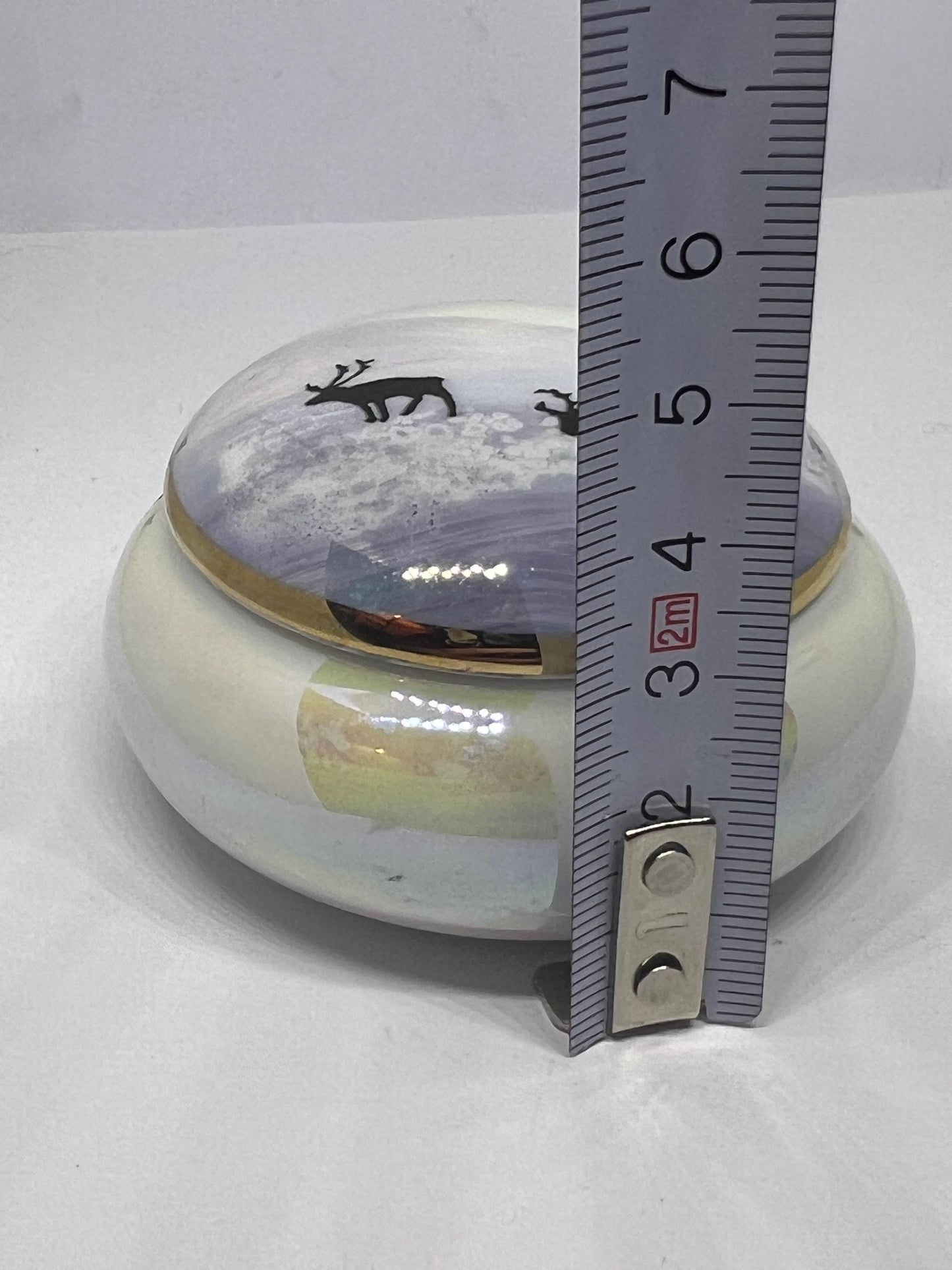 Vintage ceramic trinket box. Winter snowy Reindeer scene. Original sticker Hand-painted by Leena Kostiander Finland.