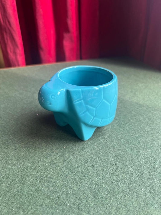 Vintage turtle planter. Blue ceramic quirky tortoise cactus succulent plant pot.