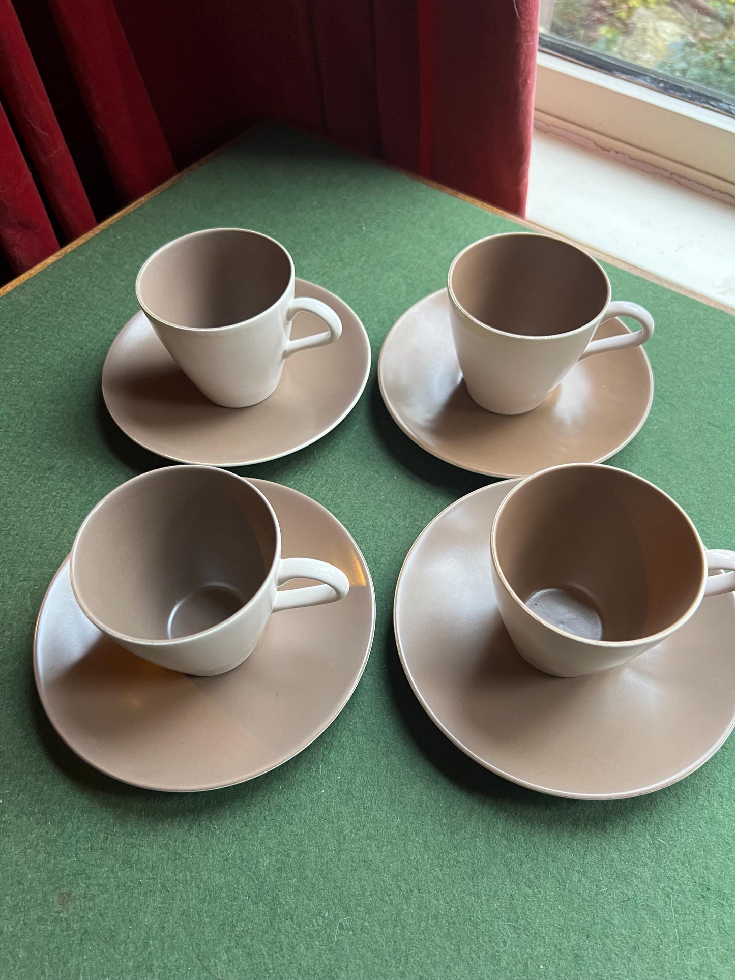 Poole Pottery two tone mushroom brown set of four espresso cups and saucers.