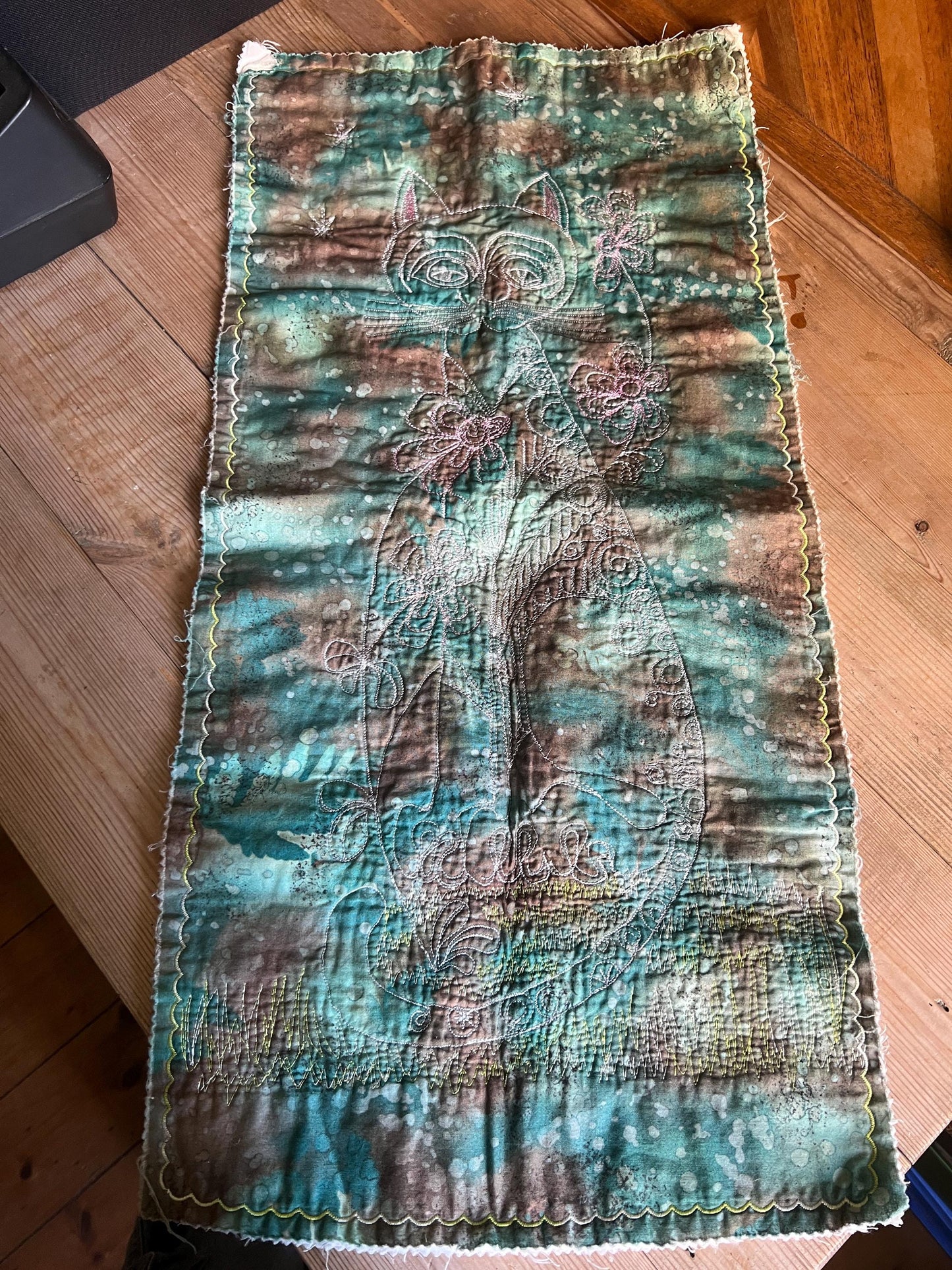 Unique wall hanging stylised cat on tie dyed fabric Wall art decor