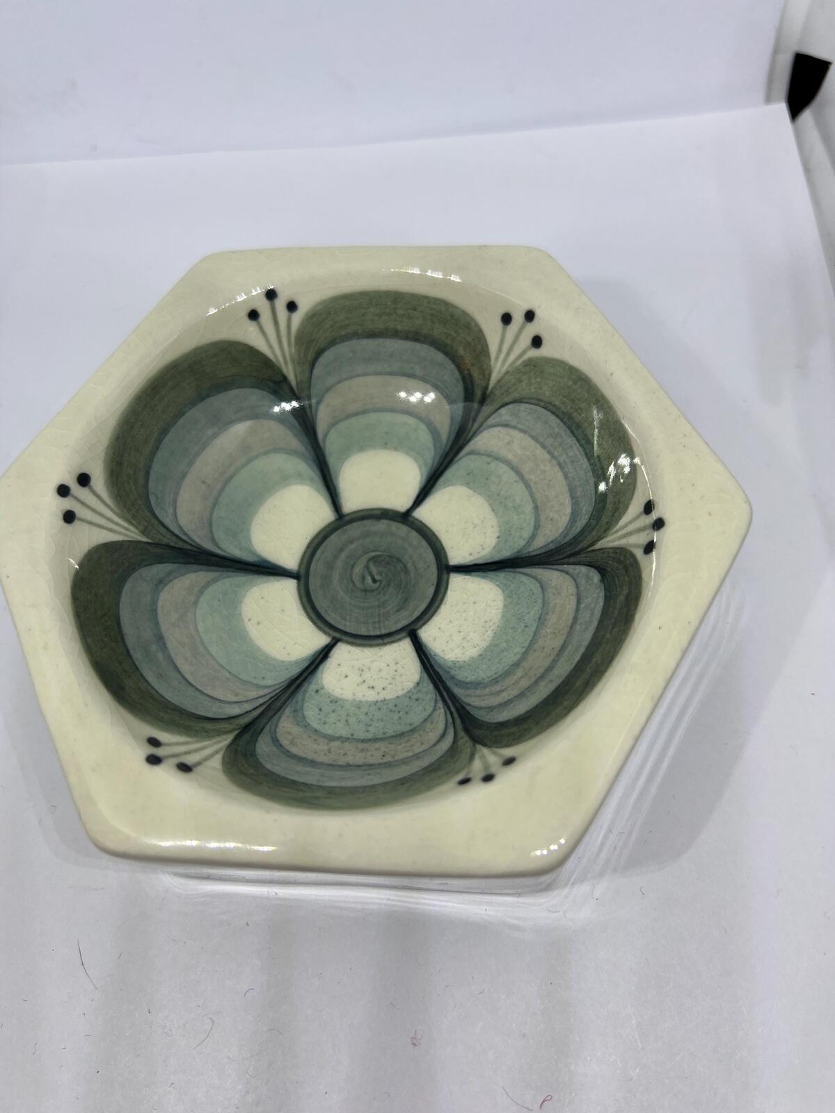 Hexagonal ceramic trinket dish. Jersey pottery hand painted floral decor.