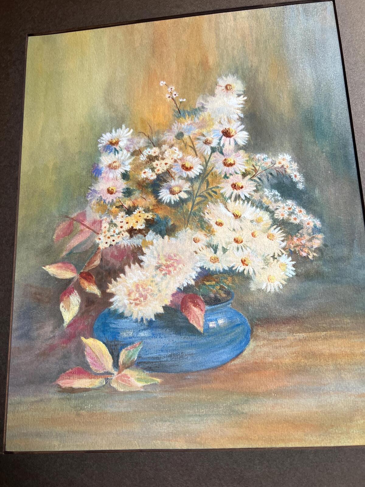 Original 1930s painting Daisies in a blue bowl. Gallery wall decor.