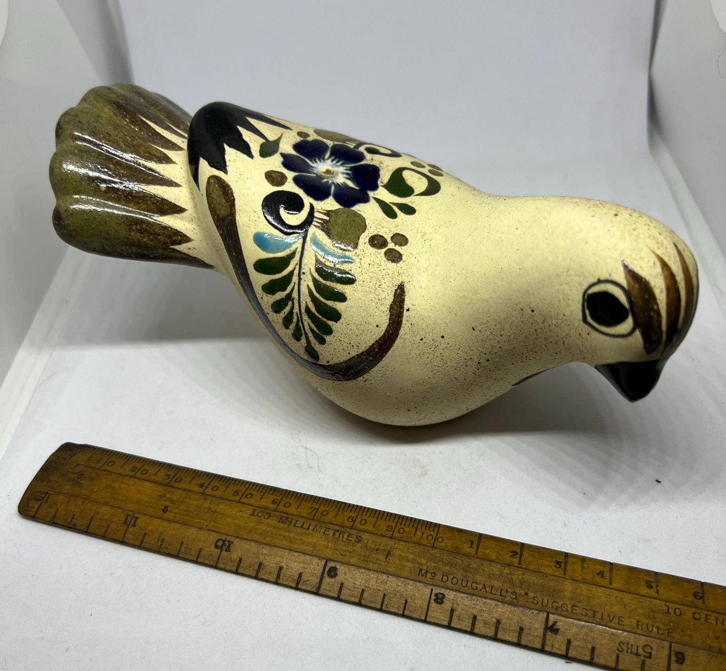 Tonala Mexico stone ware hand painted bird ornament Signed RS Mexico.