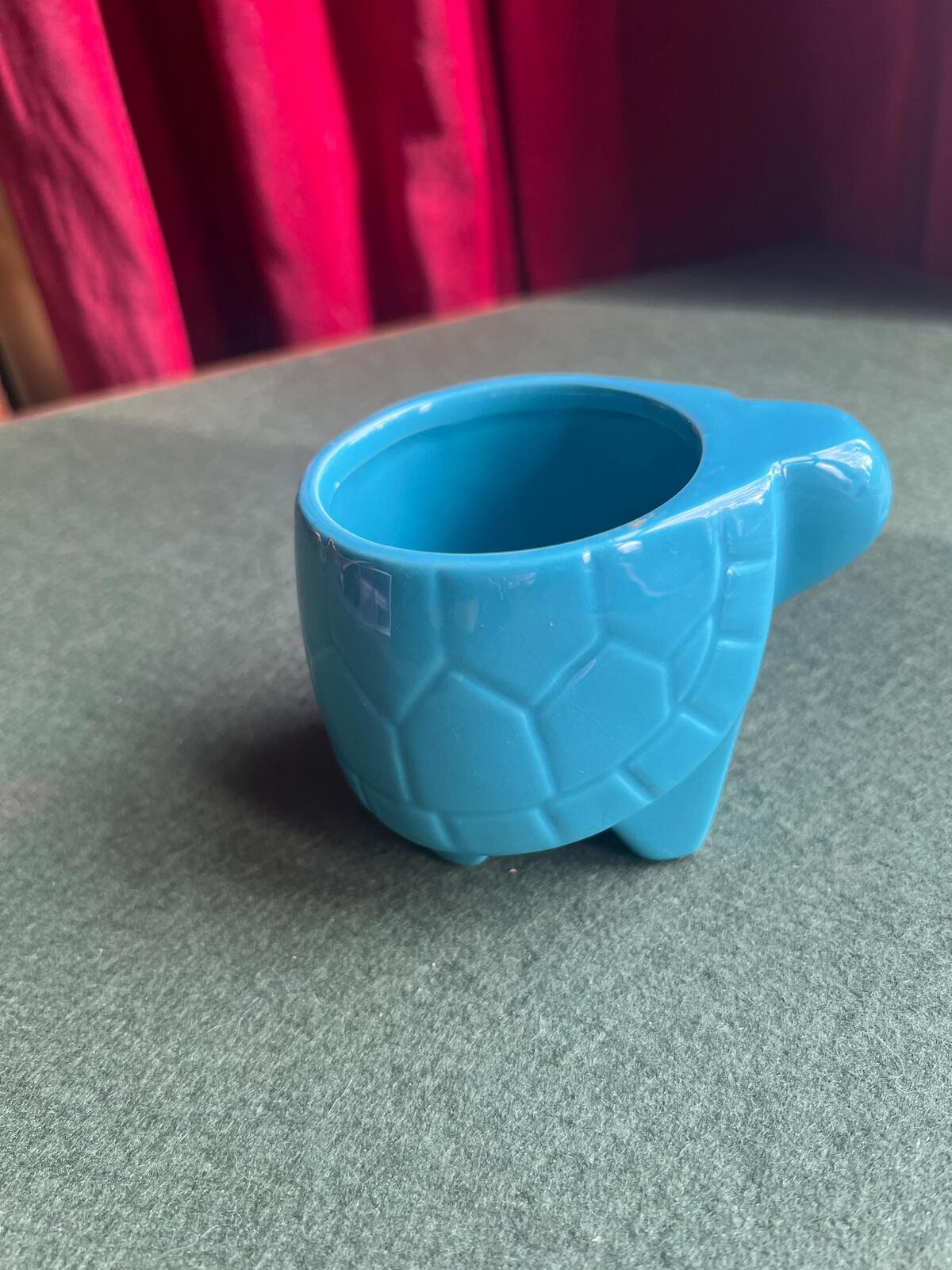 Vintage turtle planter. Blue ceramic quirky tortoise cactus succulent plant pot.