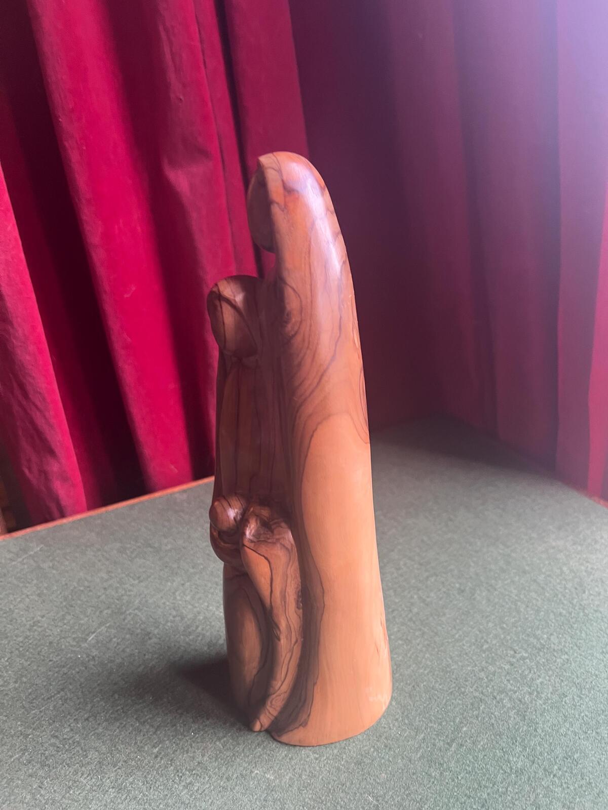 Vintage statue of the Holy Family. Abstract Joseph, Mary, baby Jesus. Hand-carved olive wood. Holy Land carving.