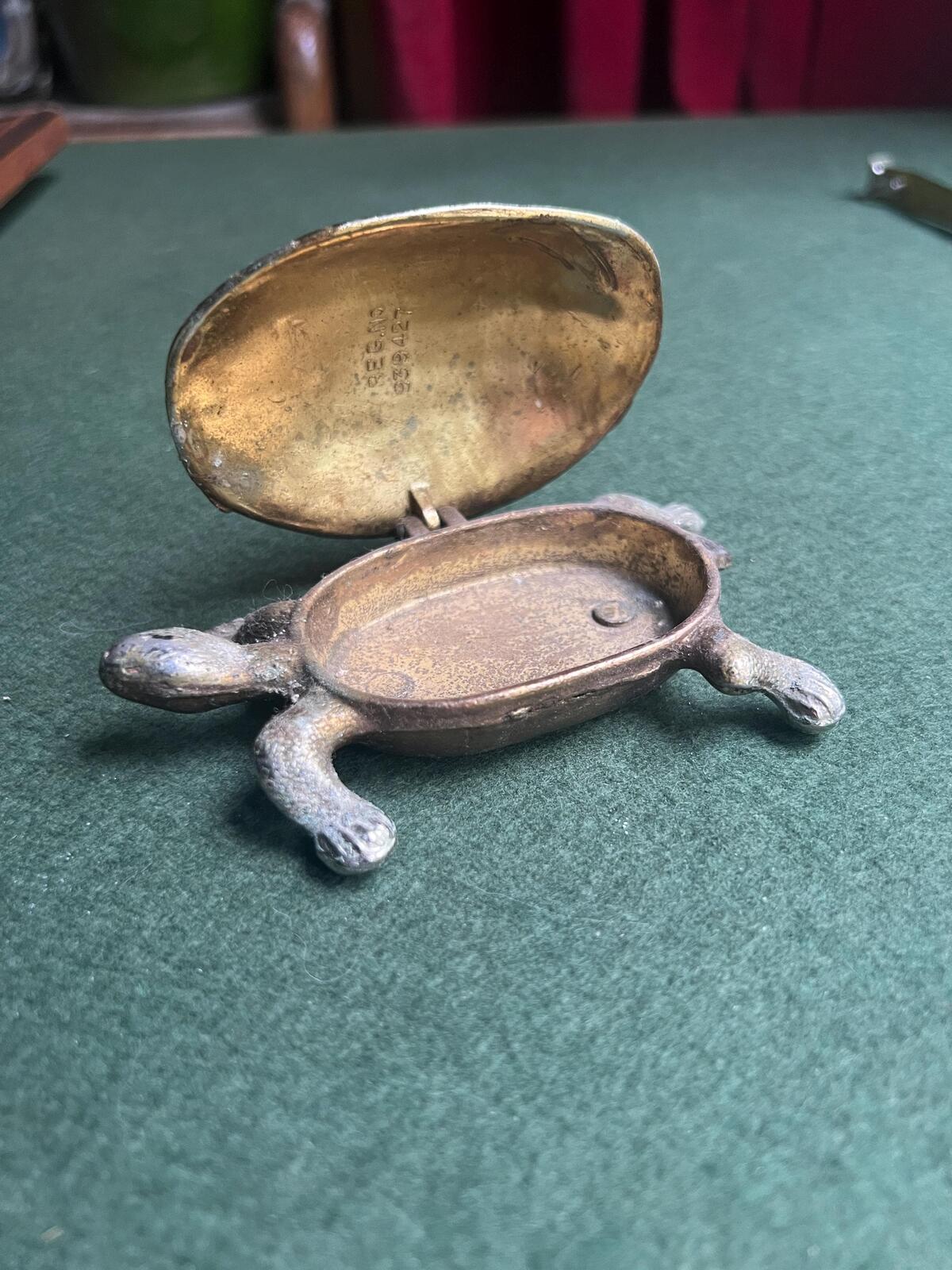 Vintage metal tortoise lidded ashtray trinket box. Quirky tobacciana collector gift.