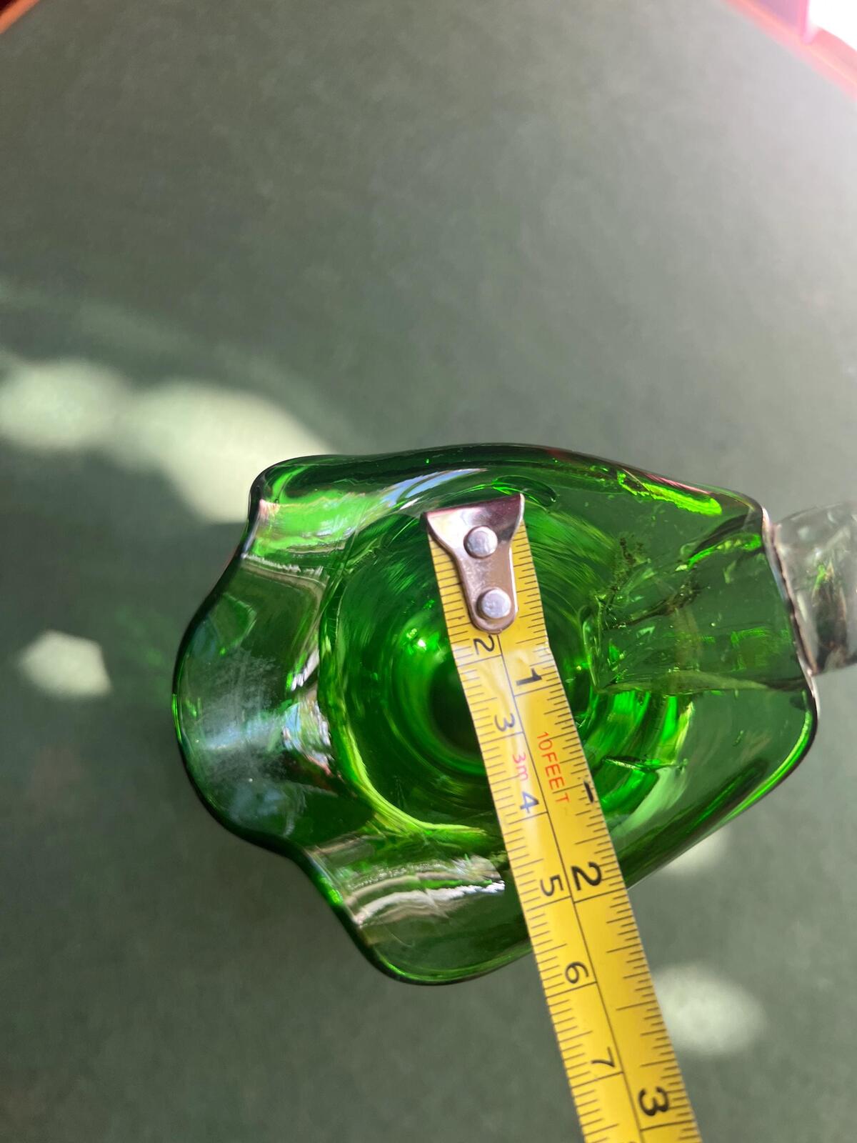 Art Deco Bohemian Green Glass Ewer Jug. Hand painted enamel and gilt floral decor. Art glass collector gift.