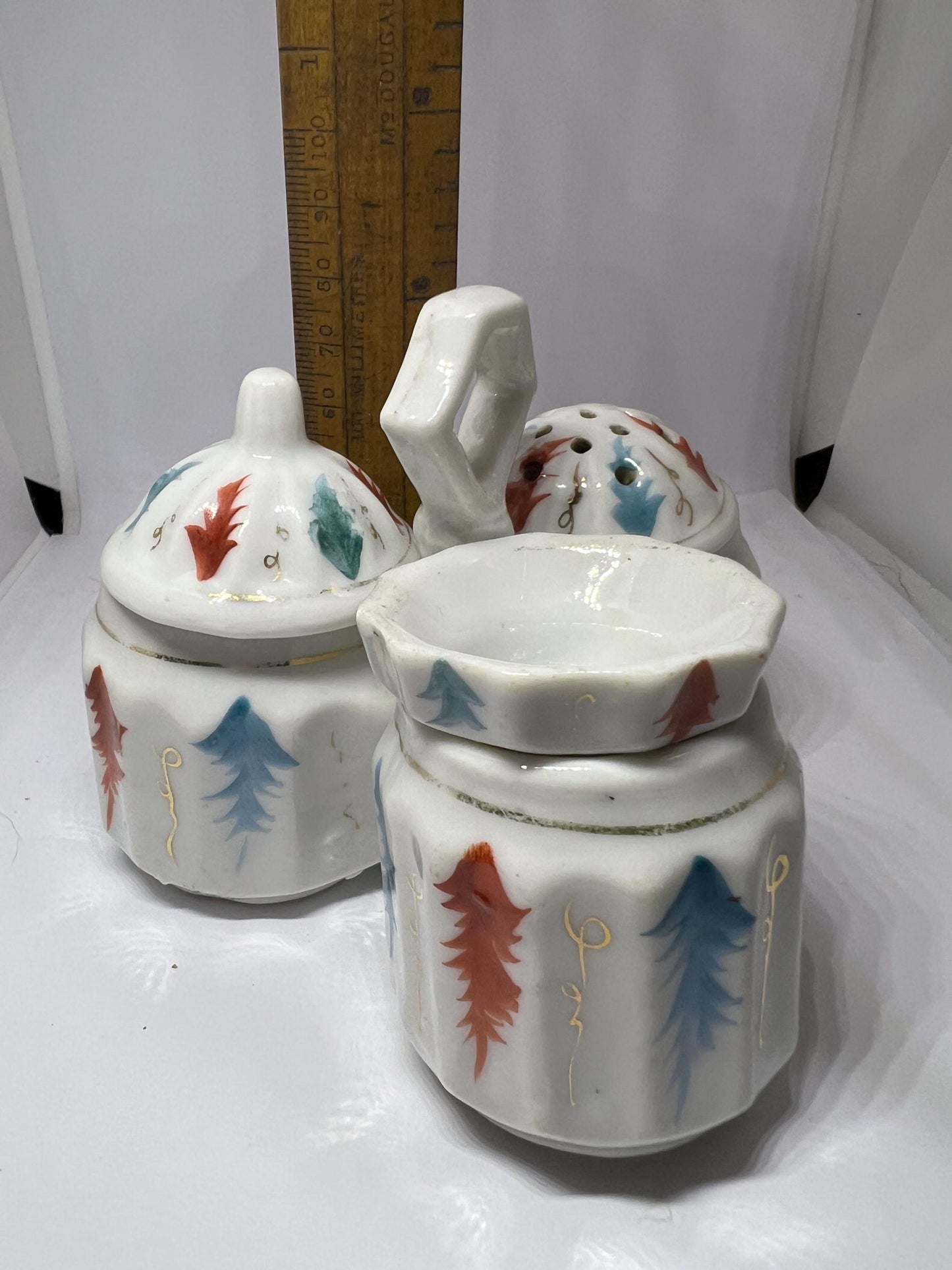3 part lidded Salt pepper mustard trio.