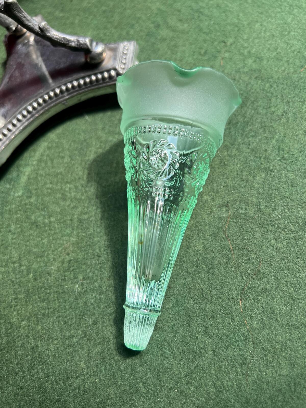 Victorian epergne vase. Green glass on decorative silver plate base. Stamped James Dixon & Sons.