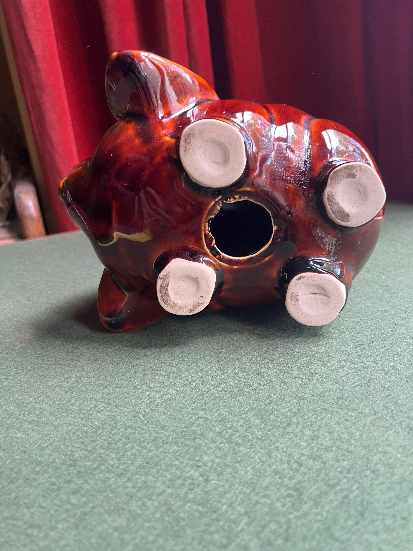 Vintage Piggy Bank 1970s treacle glaze grumpy faced pig figurine. Dartmouth Pottery.