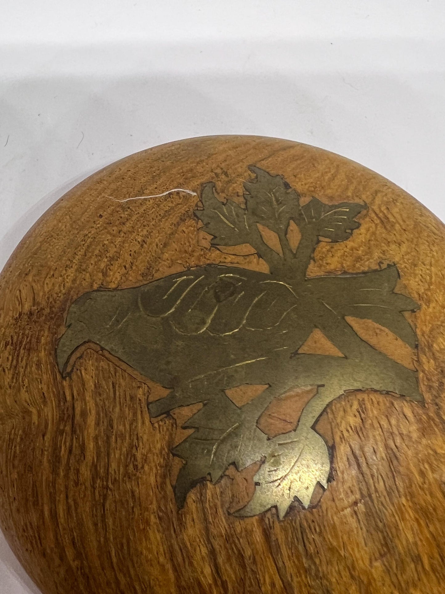 Vintage wooden paperweight Brass inlaid bird on round wood paper weight Folk art brass parrot Made in India Bird lover gift for Home office.