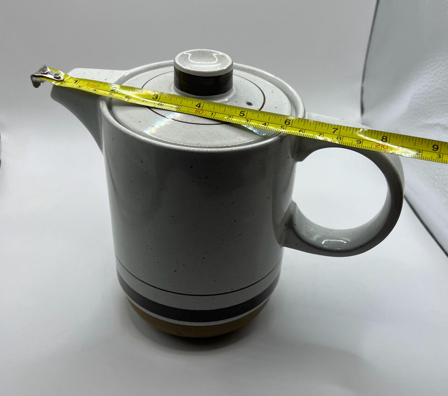 Midwinter Stoneware Coffee pot. Brown stripe on cream grey glaze.