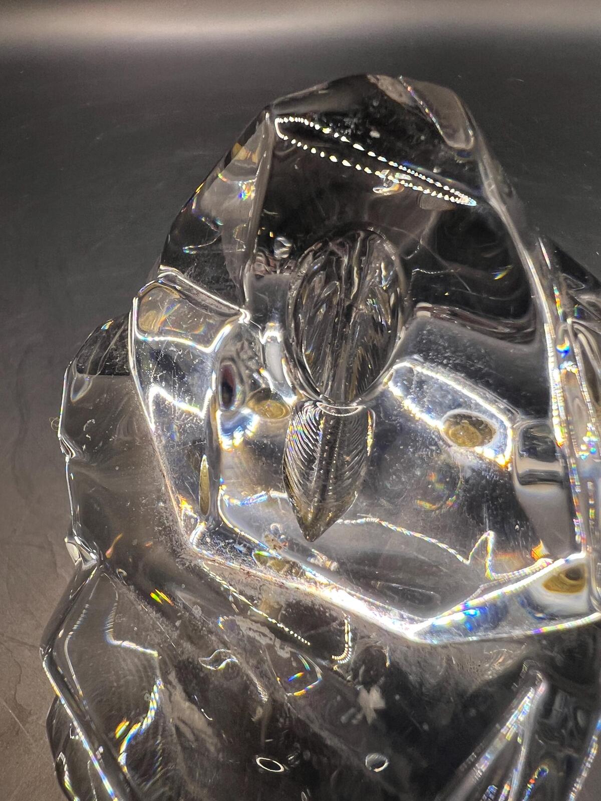 Crystal iceberg paperweight with pen bud hole. Solid clear Val St Lambert style glass sculpture.