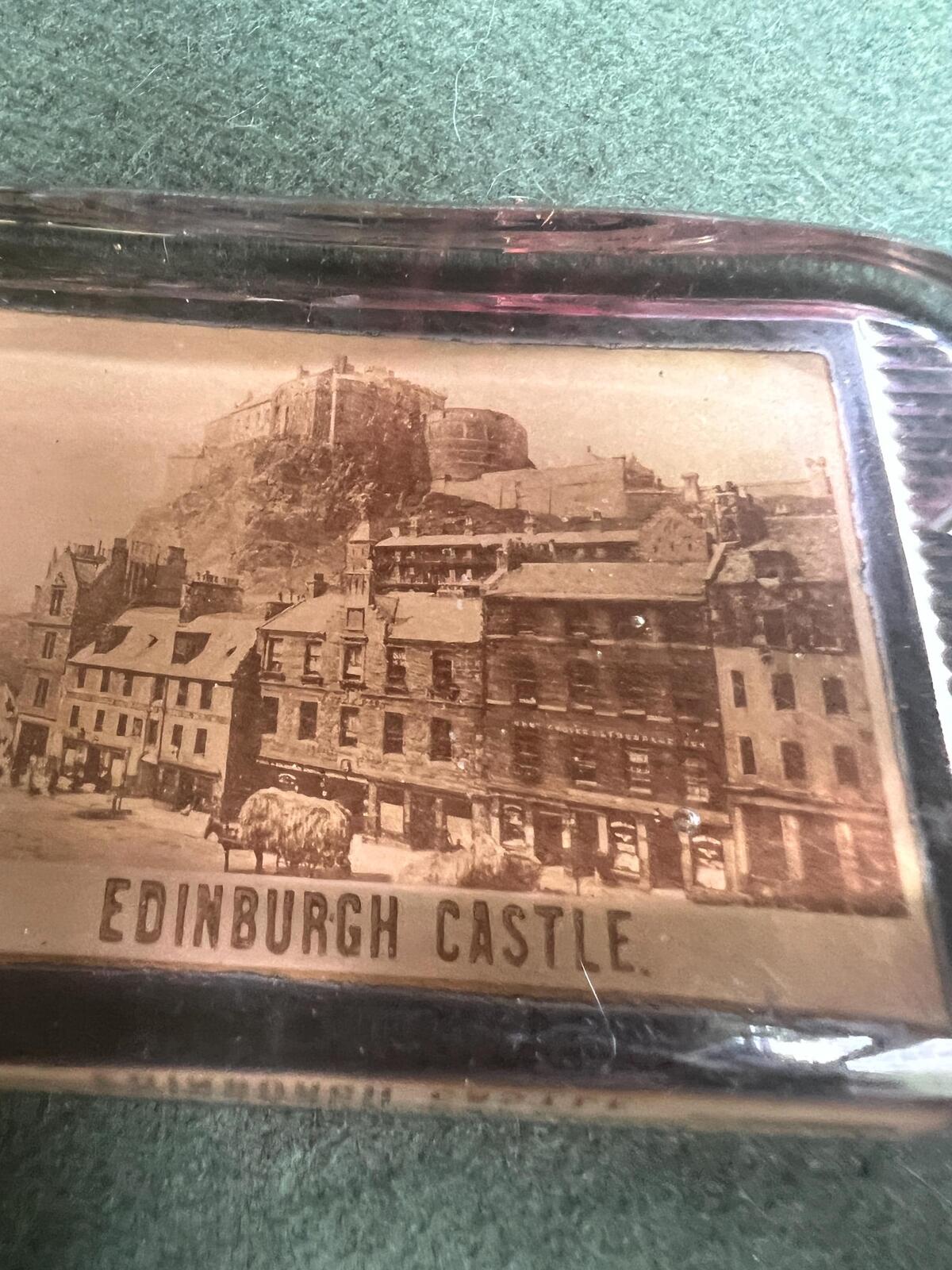 Victorian souvenir paperweight. Photographic Edinburgh Castle scene.