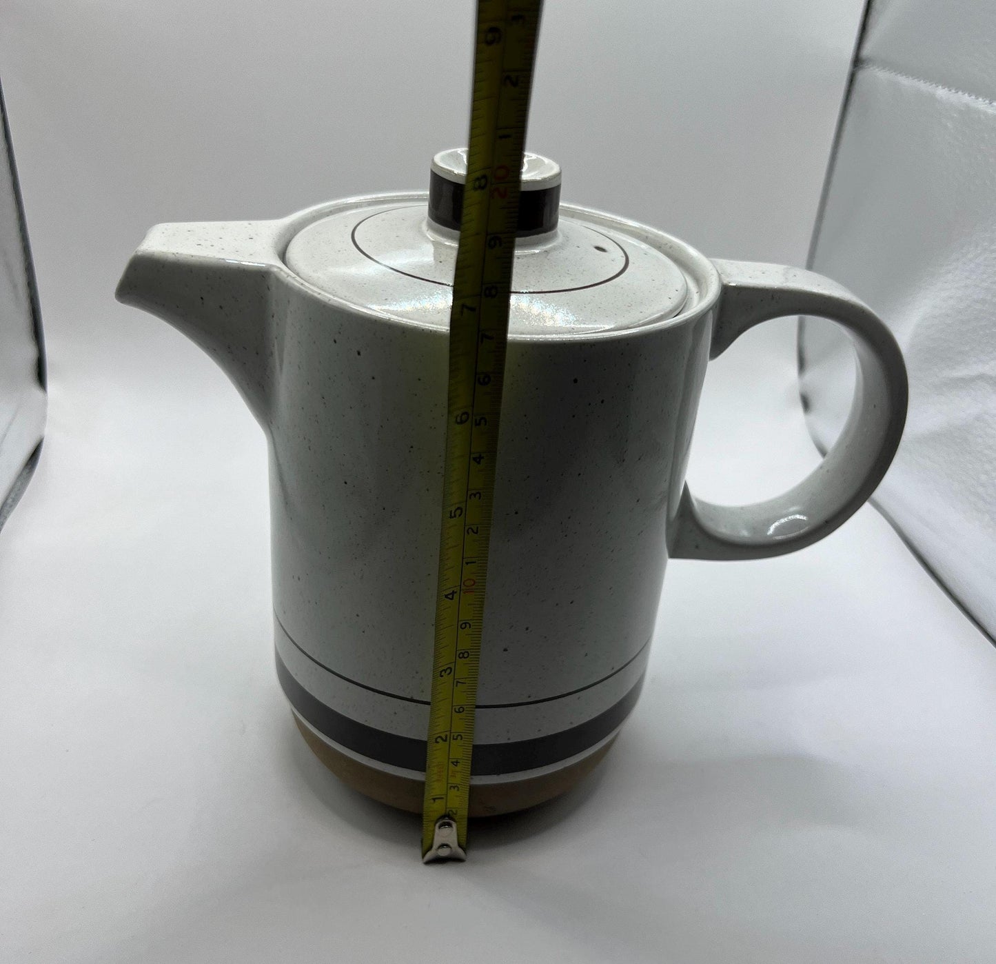 Midwinter Stoneware Coffee pot. Brown stripe on cream grey glaze.