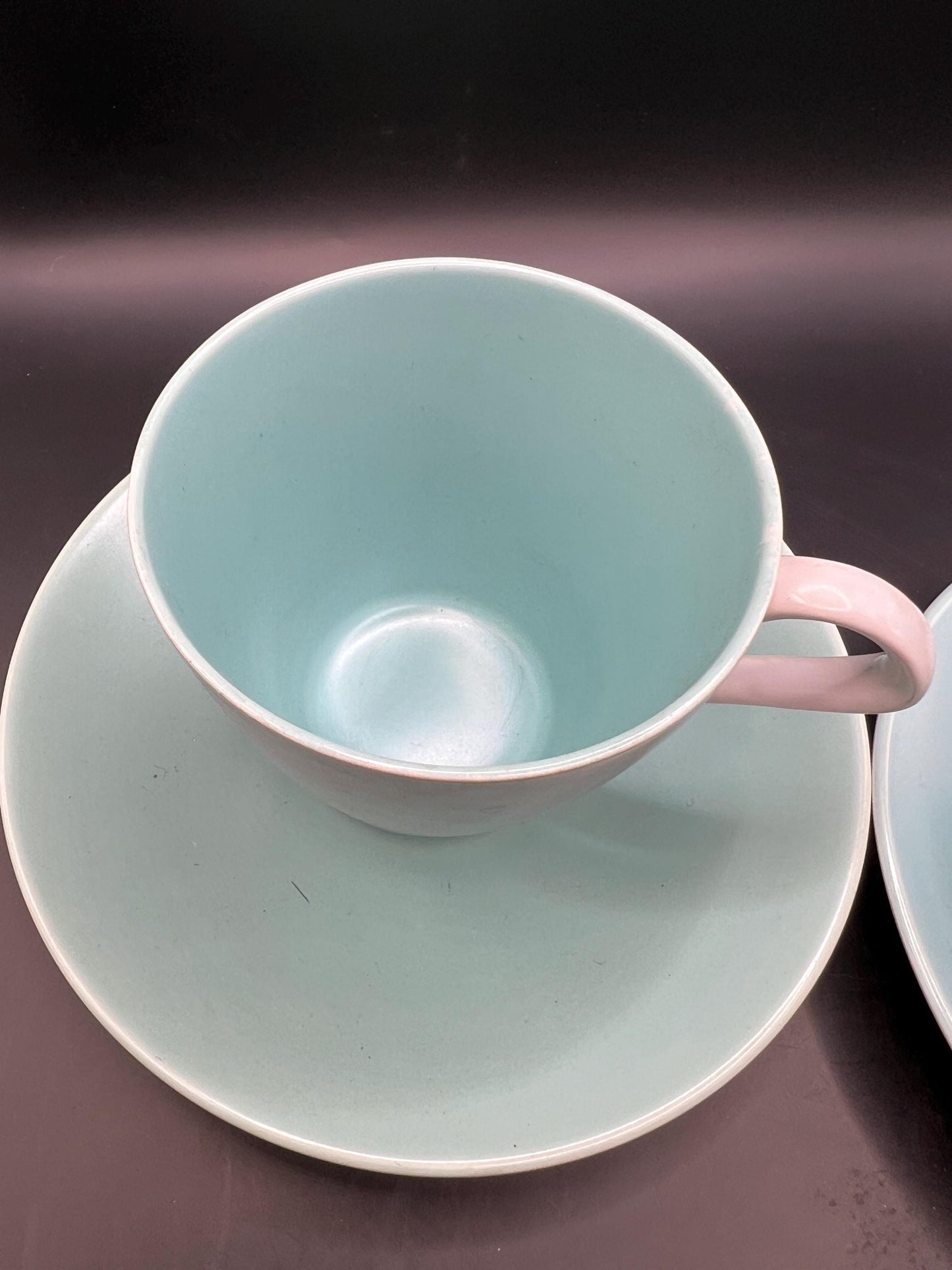 2 Poole Pottery Streamline Shape Cups and Saucers in Twintone Ice Green & Seagull colour.