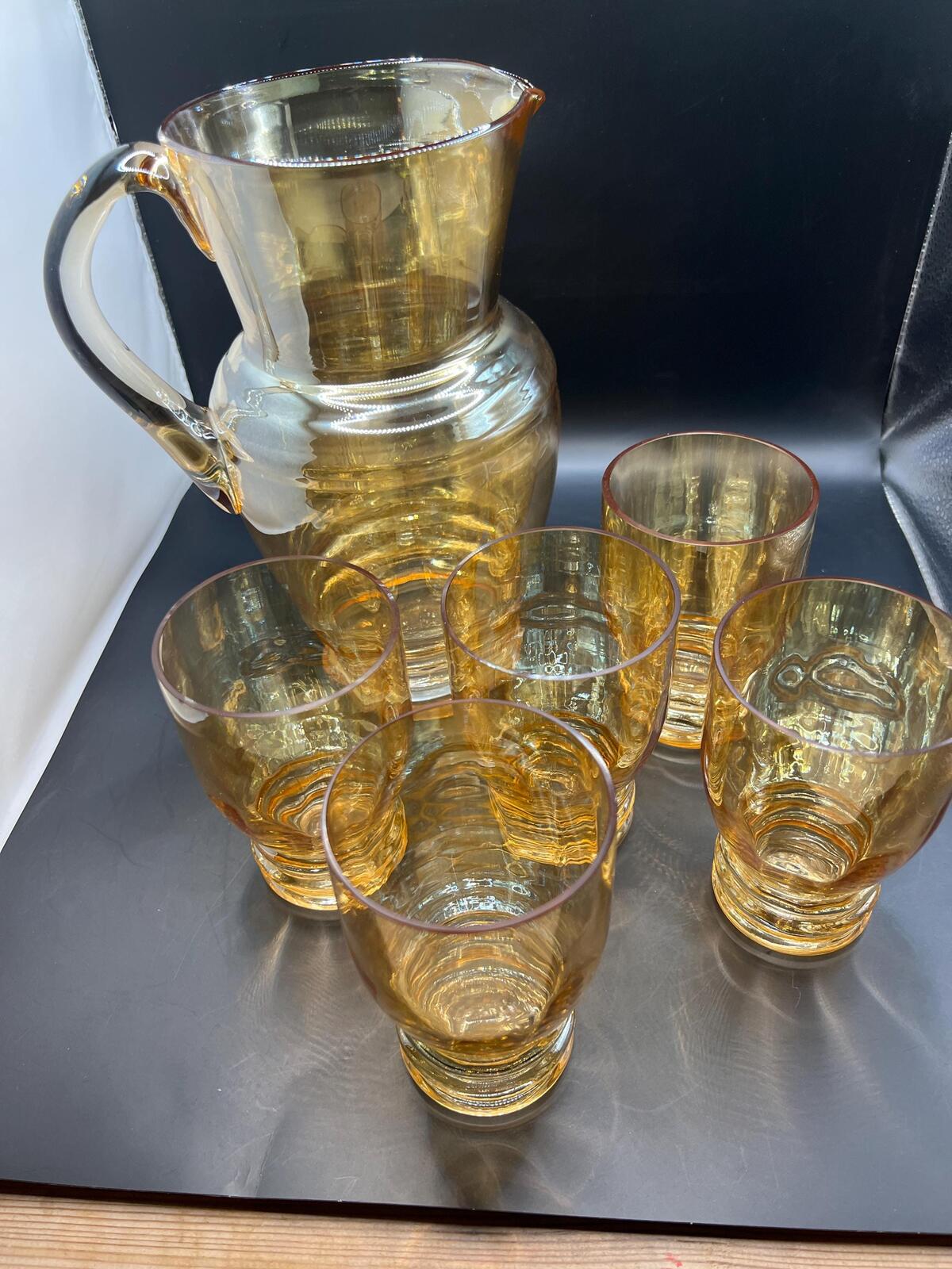 Vintage amber glass lemonade set. Jug and 5 glasses.
