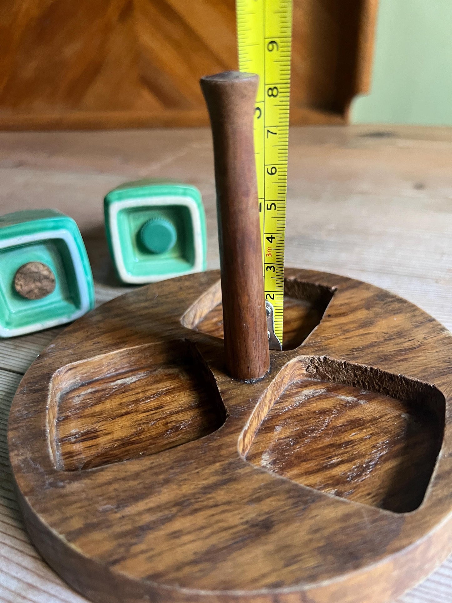 Vintage cruet set Green glaze salt pepper mustard pot on teak holder. Blackfriars Ware stamp.