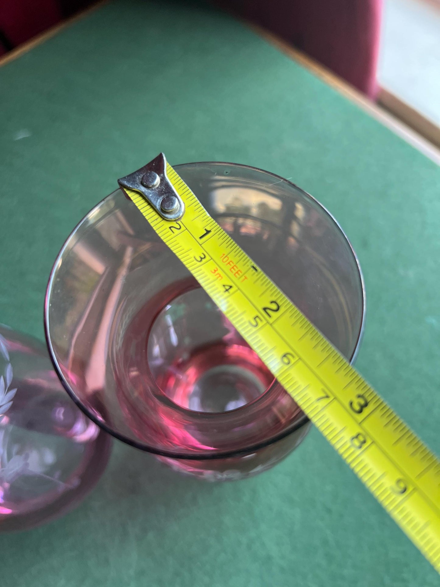 Bohemian Cranberry glass cut to clear decorative posy vase. 2 available.