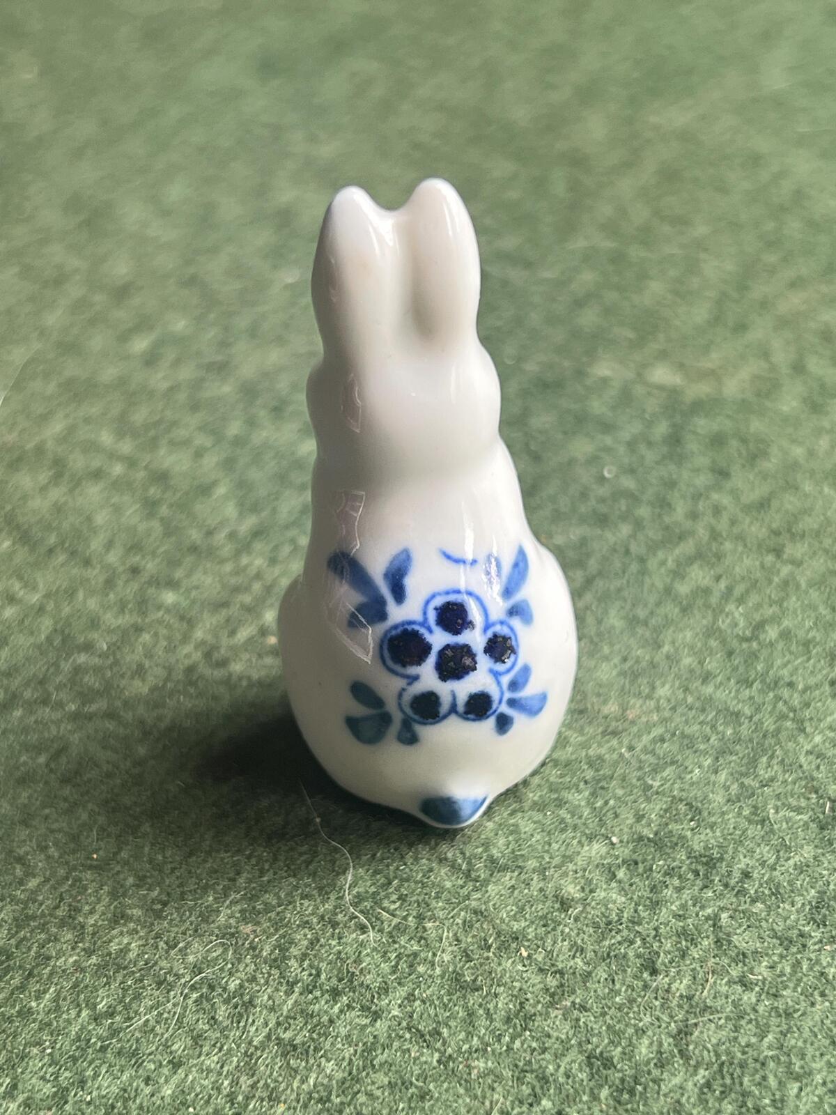 Miniature ceramic bunny figurine. Blue white delft style hand painted rabbit.