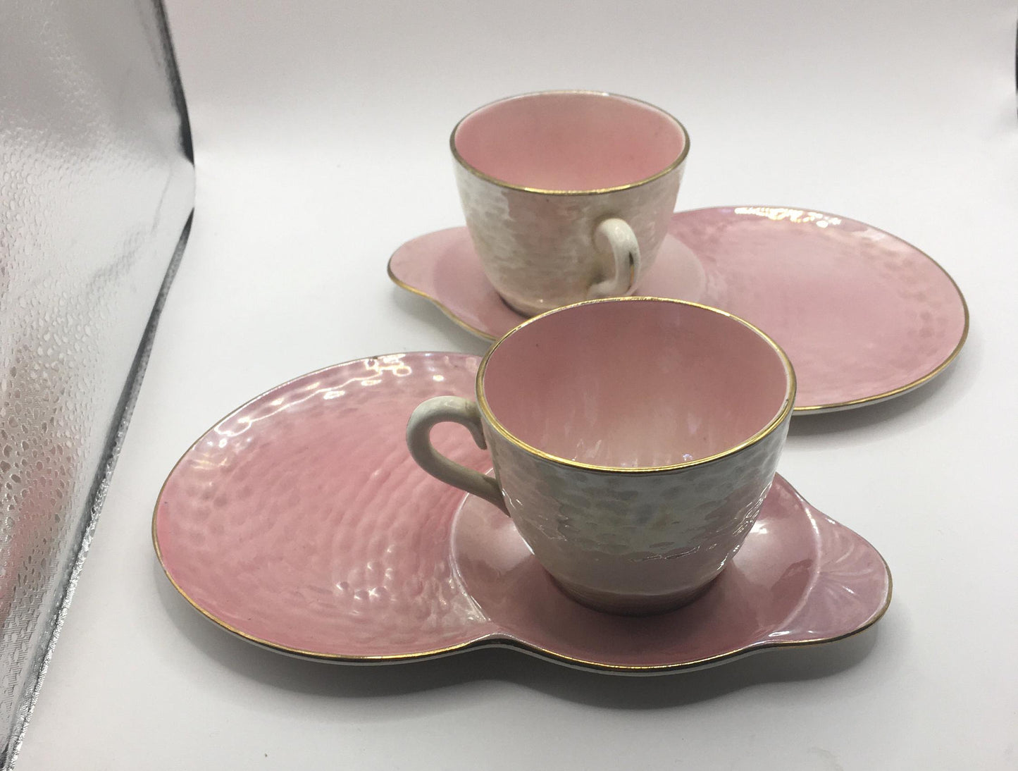 Pink Lustre Maling ware Teacup and sandwich plate. 2 available.