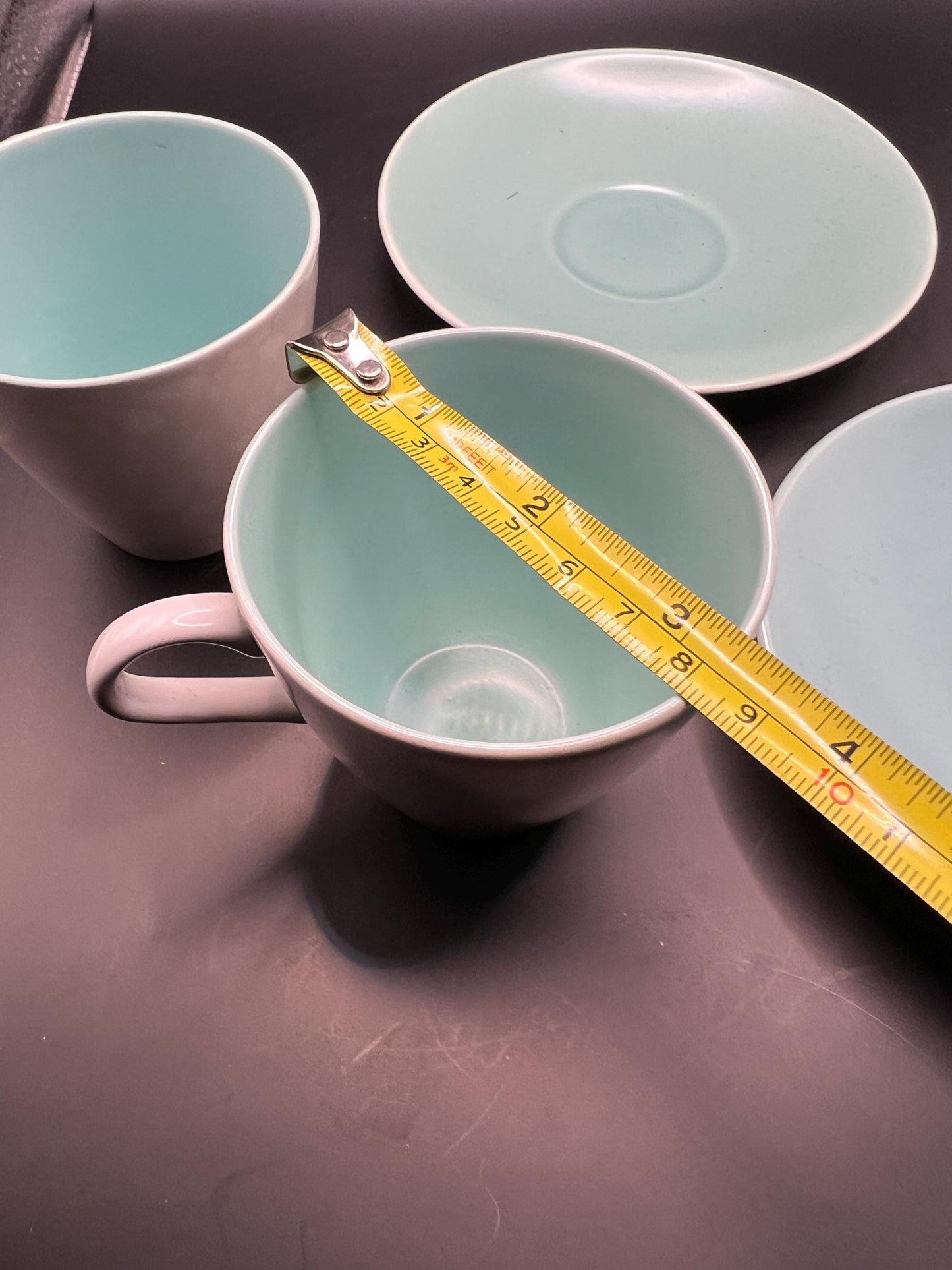 2 Poole Pottery Streamline Shape Cups and Saucers in Twintone Ice Green & Seagull colour.