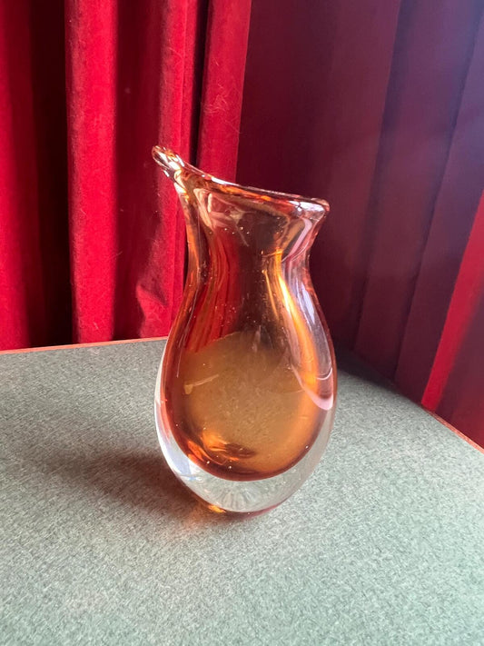 Vintage Sommerso amber and clear glass Murano style fishtail vase.