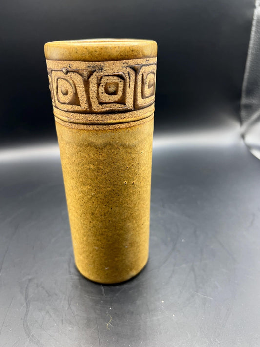 Studio pottery vase. Vintage yellow stone ware brutalist vase. Applied dot square decoration.