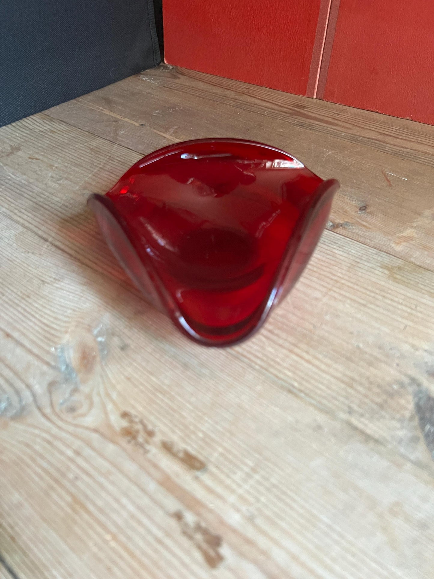 Vintage glass ashtray Red glass UV reactive bonbon trinket dish.