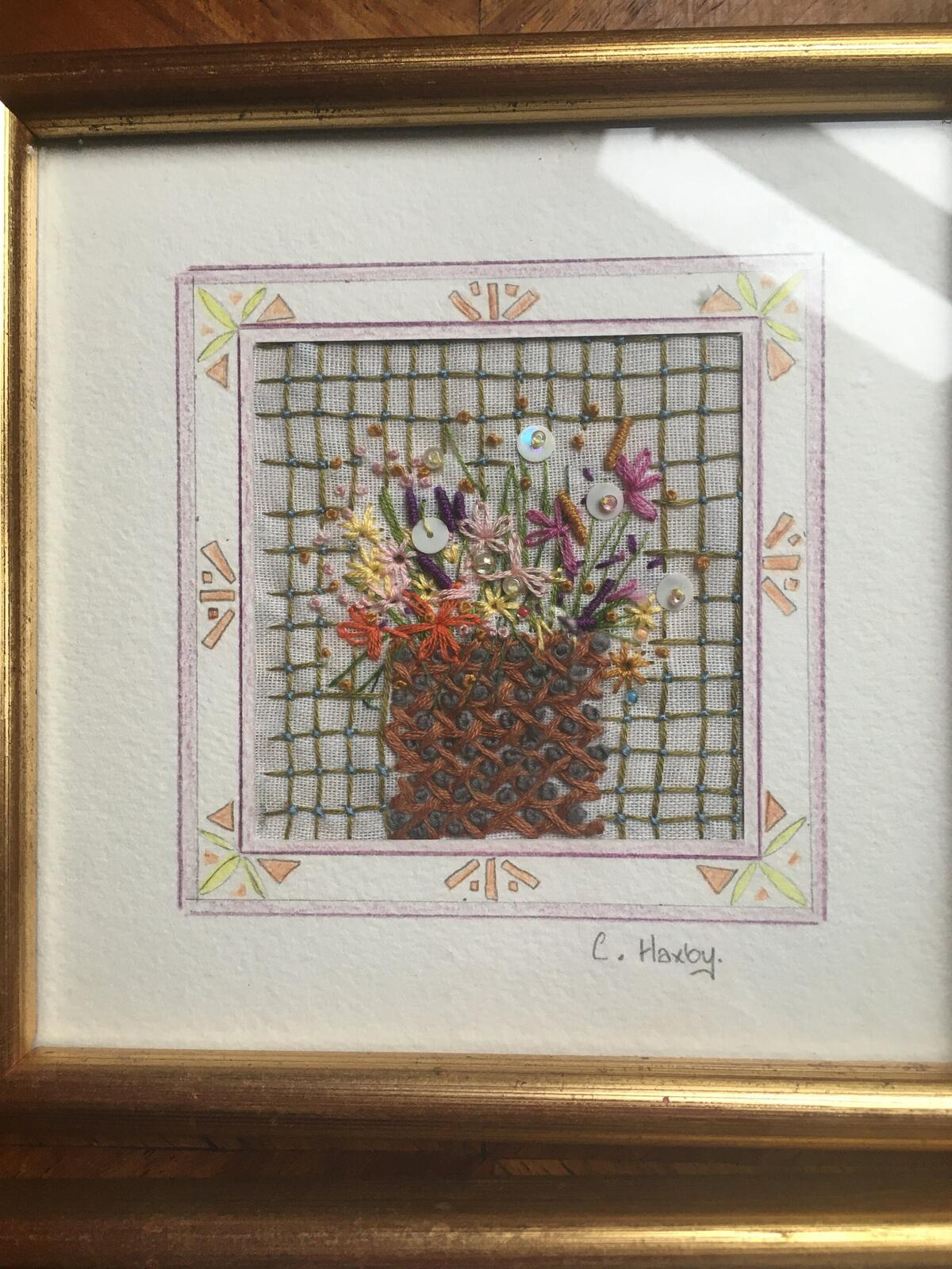 2 Beautiful detailed framed embroidery flower scenes. Textile art wildflowers.