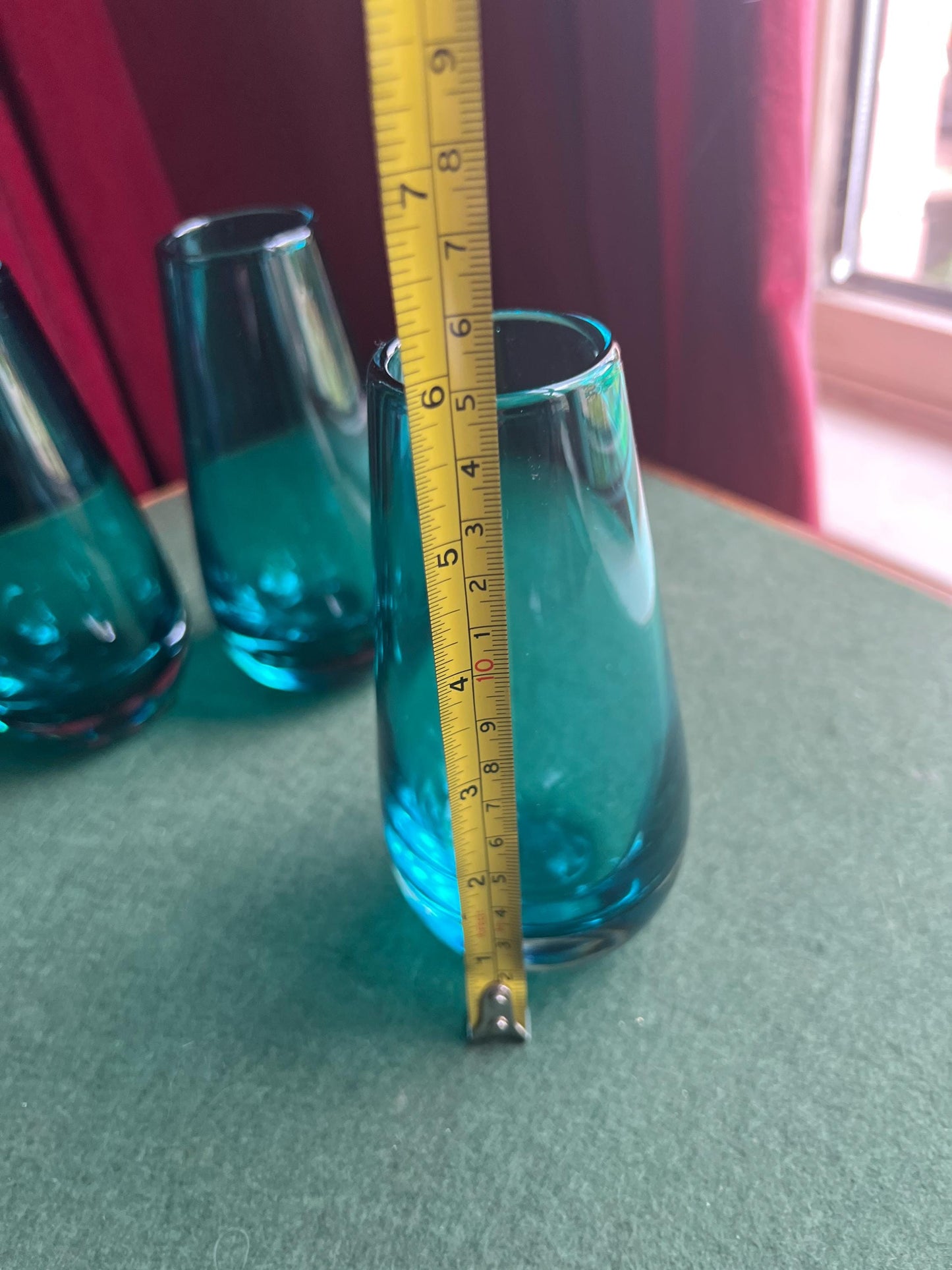 Beautiful teal blue hand blown glass posy vase. 3 available Sold separately