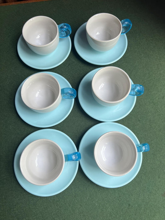 Set 6 coffee espresso mugs. Ceramic cup plastic handle and melamine saucer Stamped Omada Made in Italy