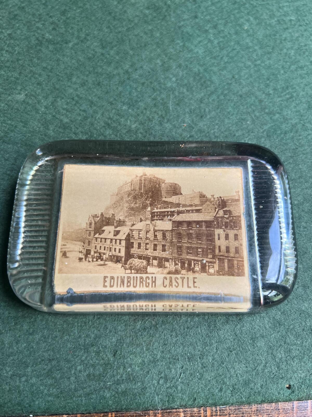 Victorian souvenir paperweight. Photographic Edinburgh Castle scene.