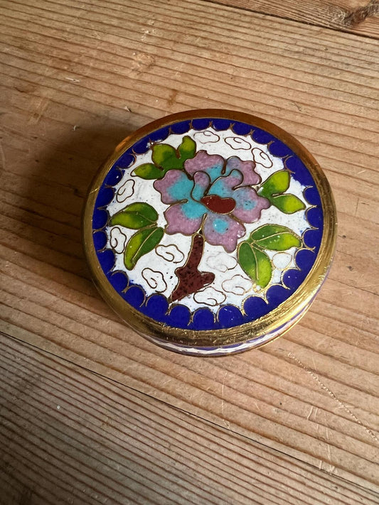 Cloisonne trinket box Lidded floral enamel brass pill box. Dressing table decor.