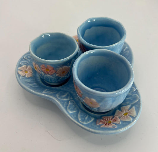 Melba Ware Blue & Pink Pottery Egg Cups Set. Late 1940’s