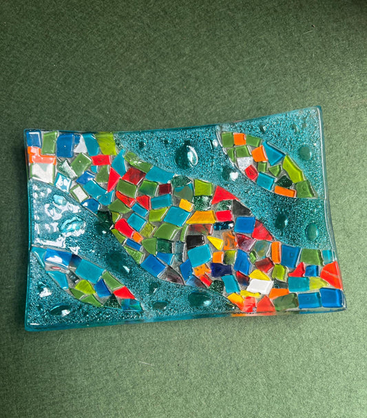 Fused glass trinket serving bowl. Colourful confetti glass on blue base.